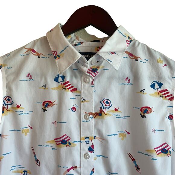 Lands End Women Top 16 White Sleeveless Button Up Beach Summer Novelty Print - Picture 10 of 11